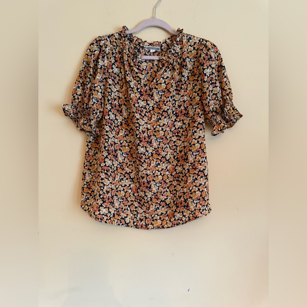 Pleione Brown‎ Puff Sleeve Ruffled Blouse sz small